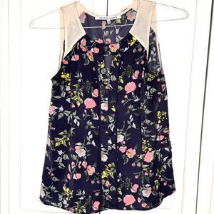 Collective Concepts Blue Floral Tank Blouse Womens XSmall Petite‎ Casual Keyhole